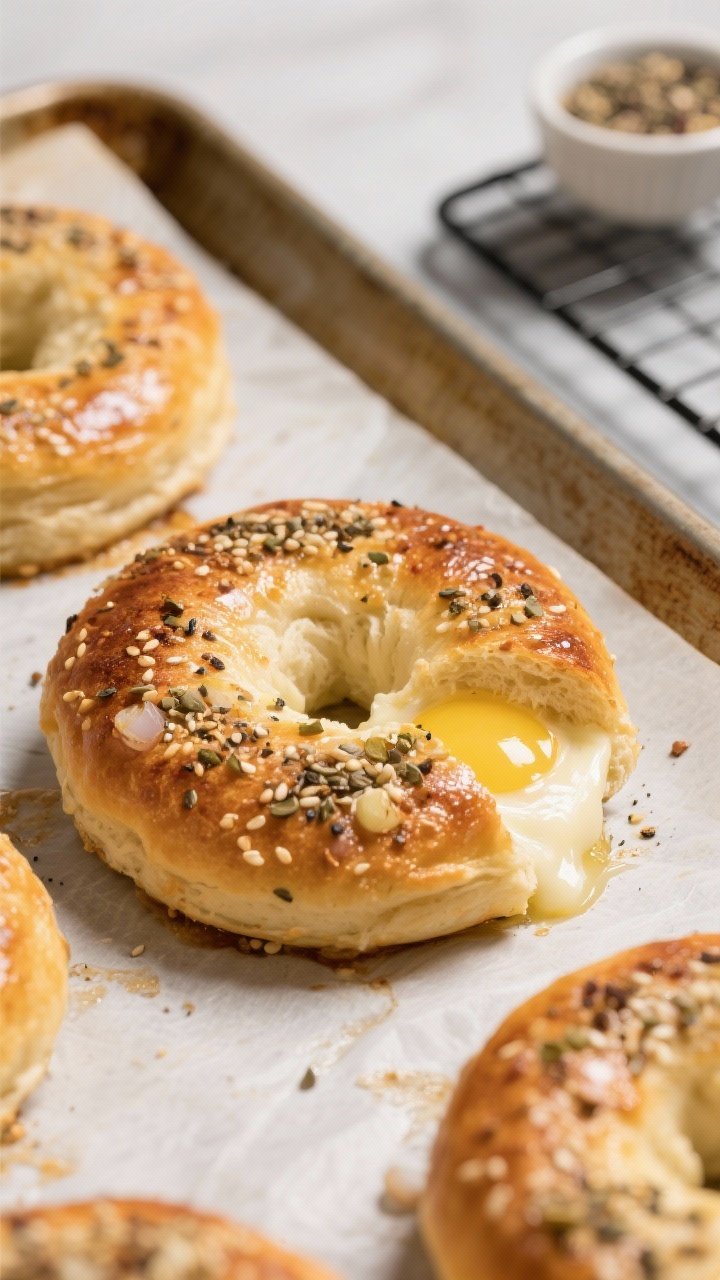 Cooking process, close-up detail: Close-up of golden keto fathead bagels just out of the oven on a p
