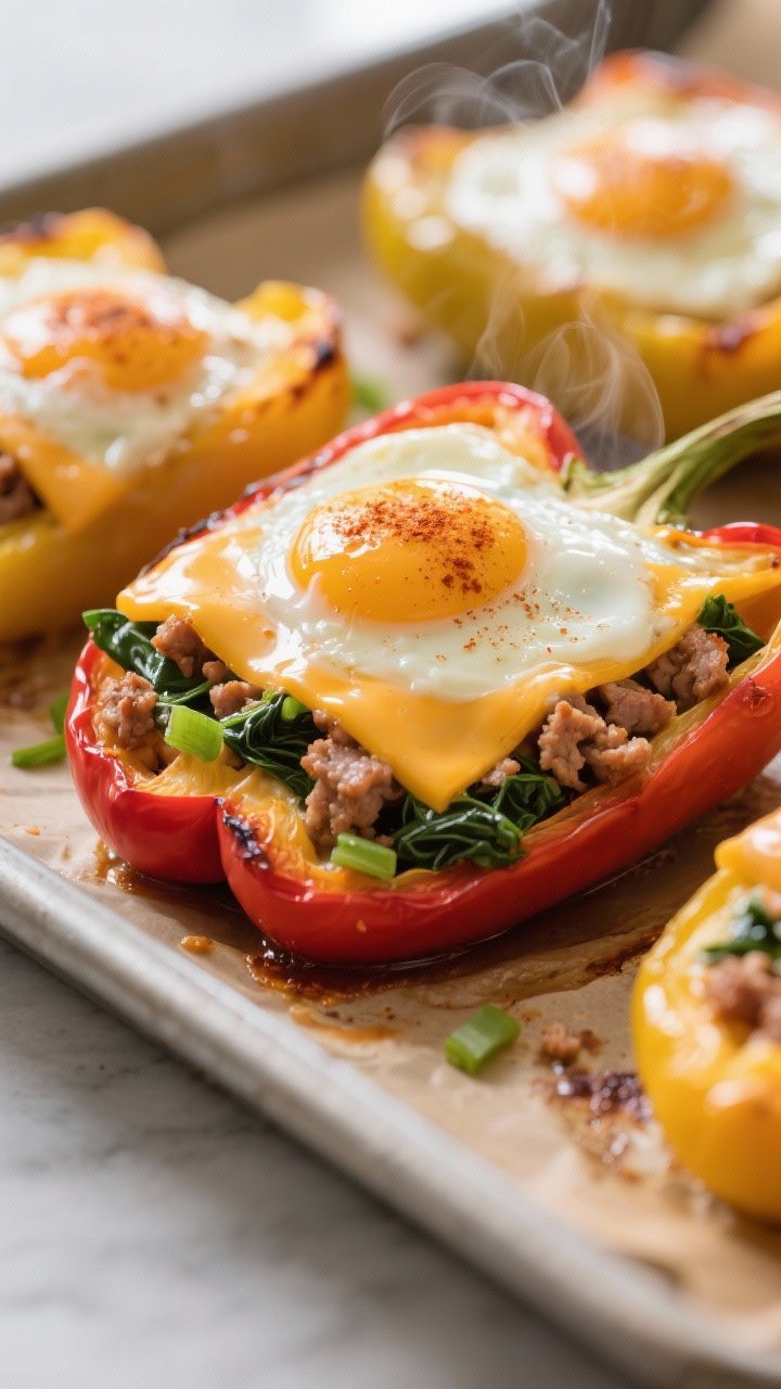 Cooking process, close-up detail: Close-up of keto breakfast stuffed pepper halves just out of the o