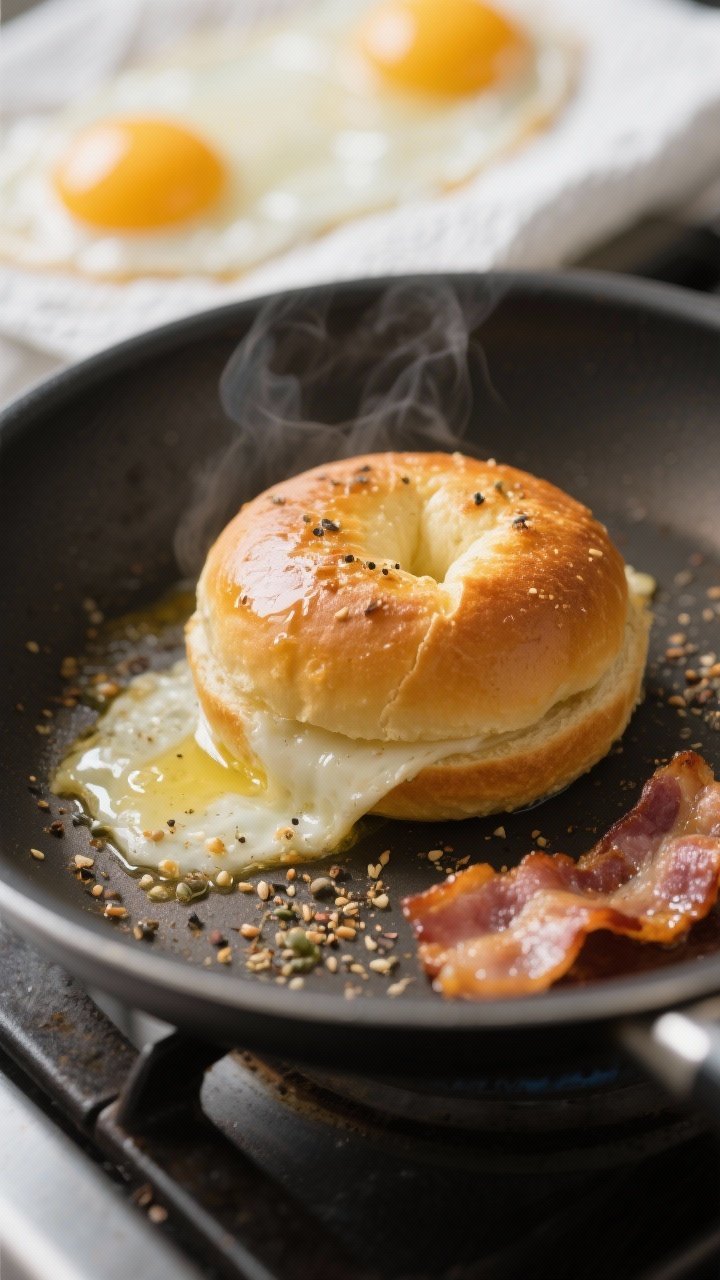 Cooking process, close-up detail: Golden egg “bun” rounds setting in a nonstick skillet, one jus