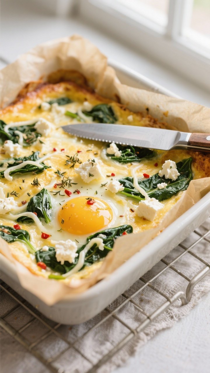 Cooking process, close-up detail: Golden, just-set Keto Spinach & Feta Egg Bake resting in a parchme