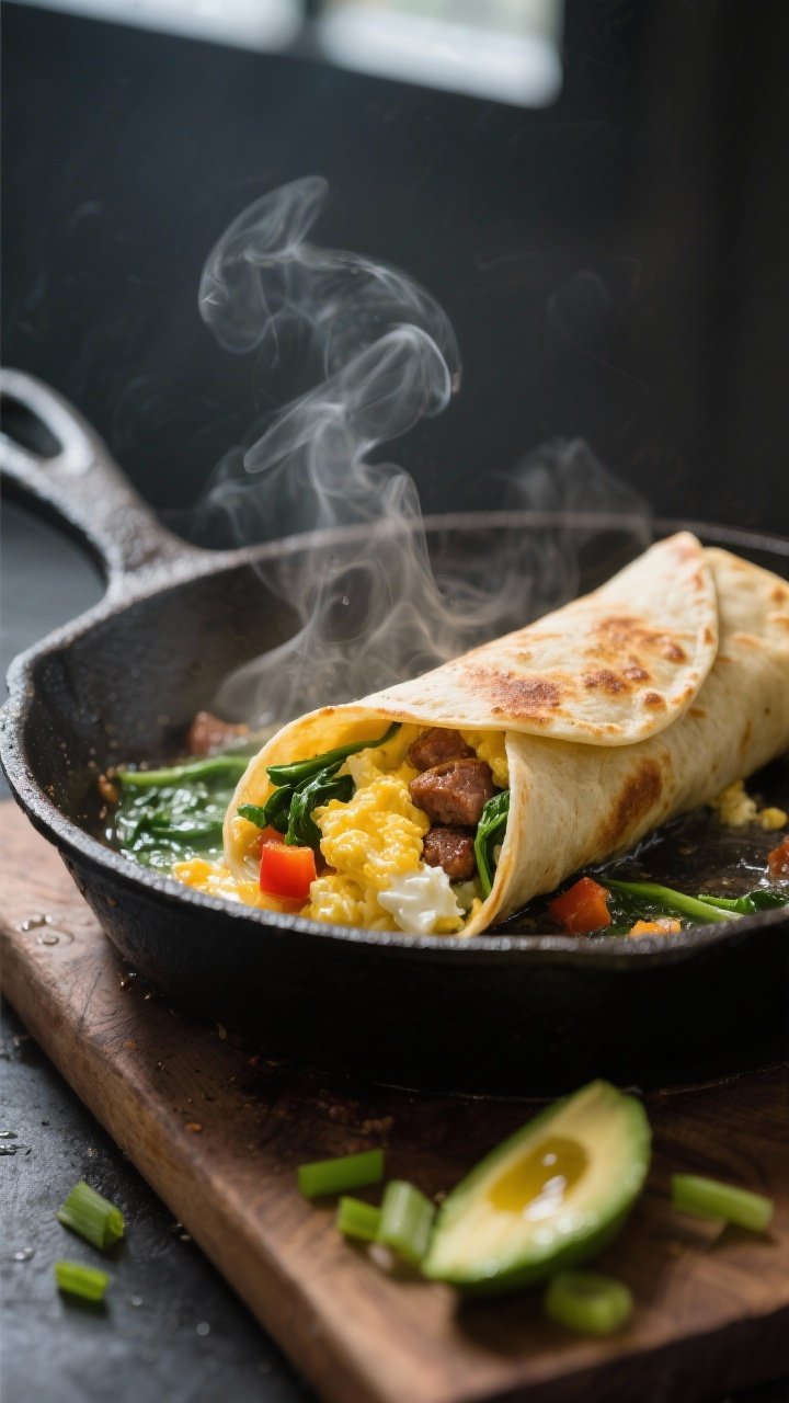 Cooking process, close-up detail: Golden keto breakfast egg rolls sizzling in a cast-iron skillet, m