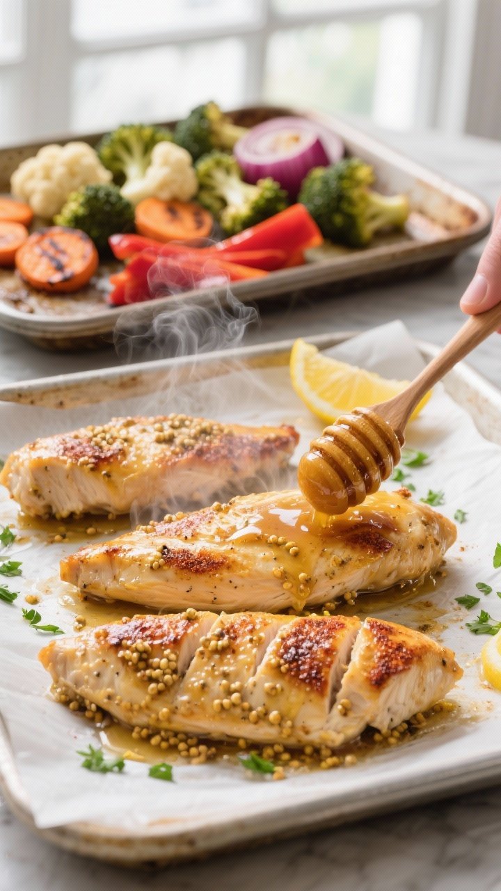 Cooking process, close-up detail: Golden, oven-roasted honey mustard chicken breasts just pulled fro