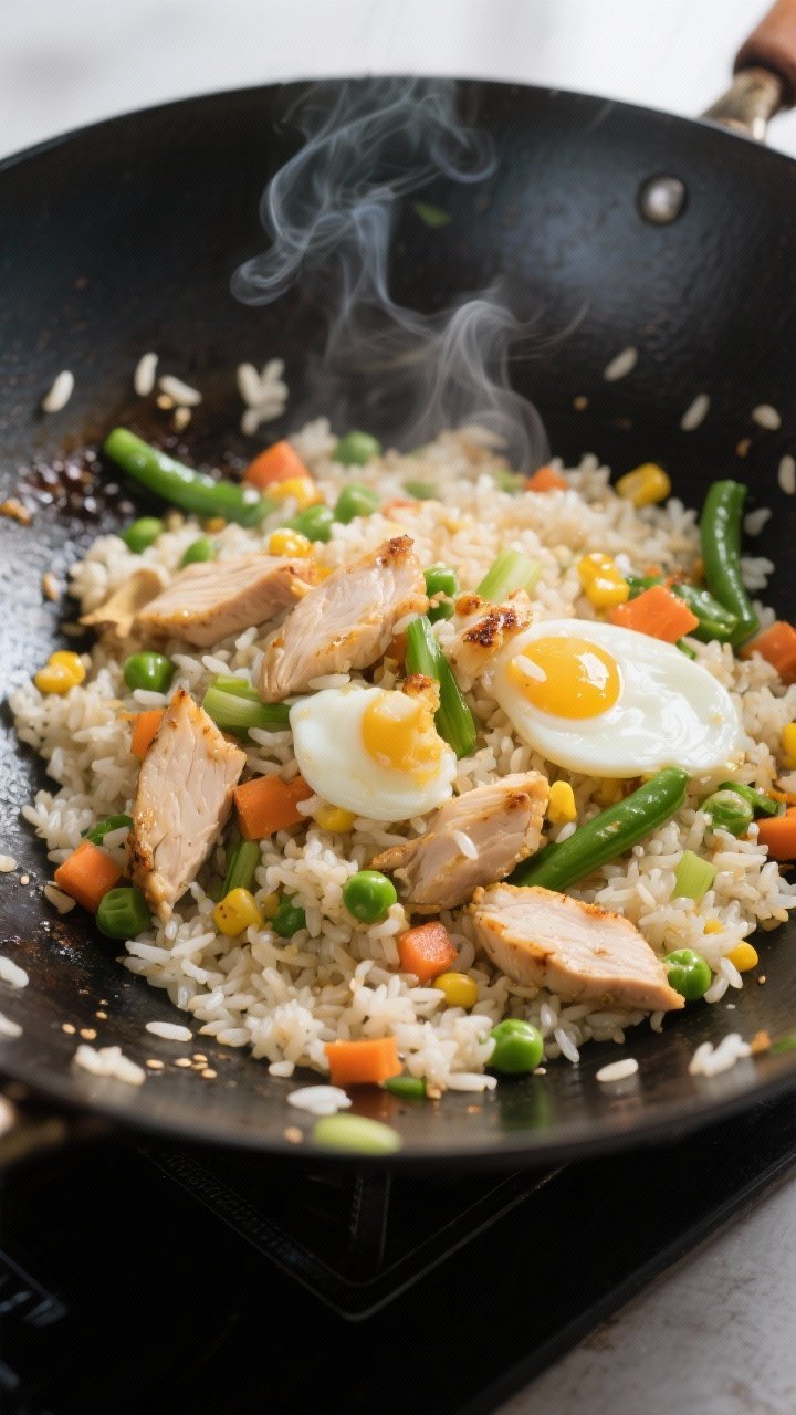 Cooking process, close-up detail: High-protein chicken fried rice sizzling in a black carbon-steel w