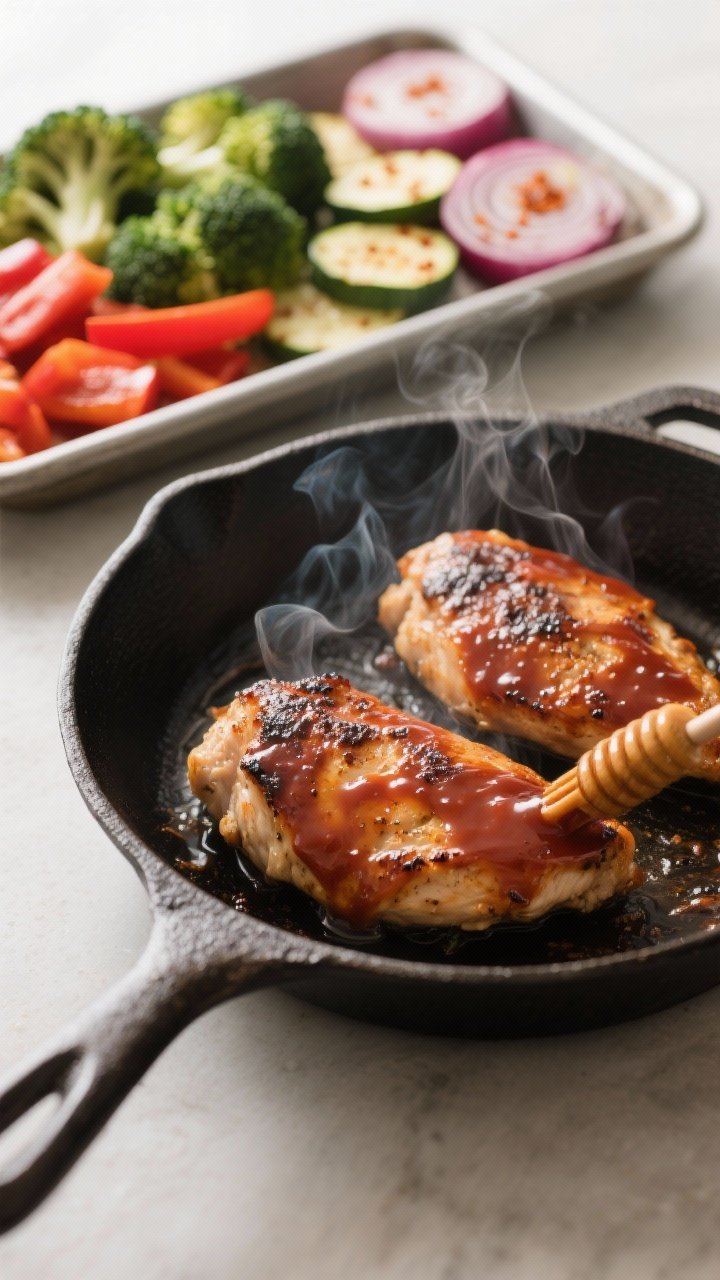 Cooking process, close-up detail: Juicy BBQ-glazed chicken cutlets sizzling in a cast-iron skillet o