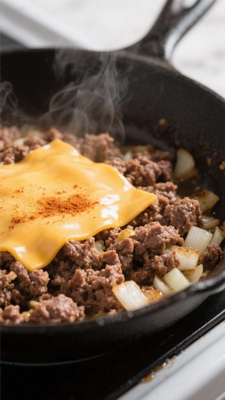 Cooking process, close-up detail: Juicy lean ground beef in a nonstick skillet, browned and crumbled