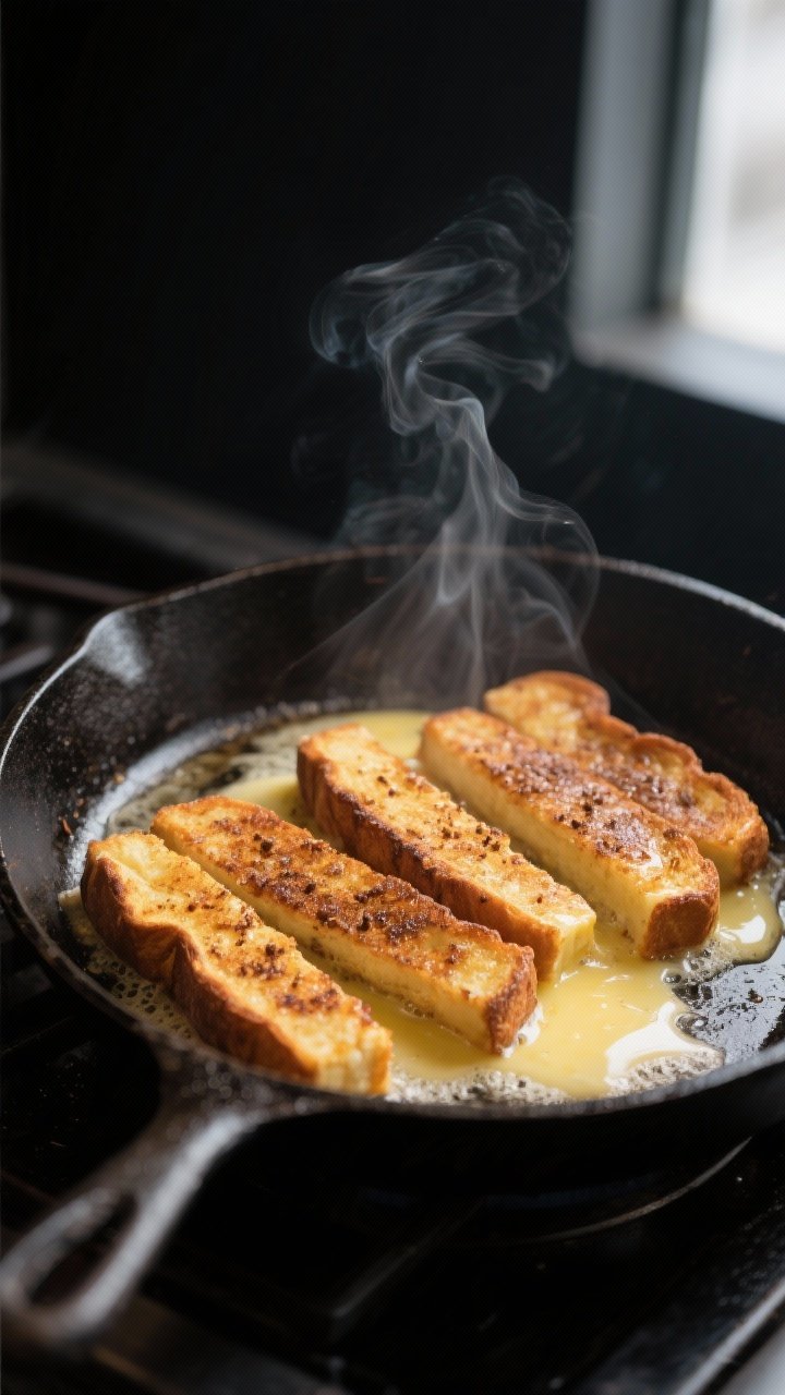 Cooking process, close-up detail: Keto cinnamon French toast sticks sizzling in a buttered cast-iron