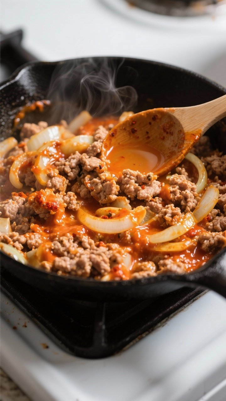 Cooking process, close-up detail: Lean ground turkey sizzling in a skillet, fully cooked and coated 