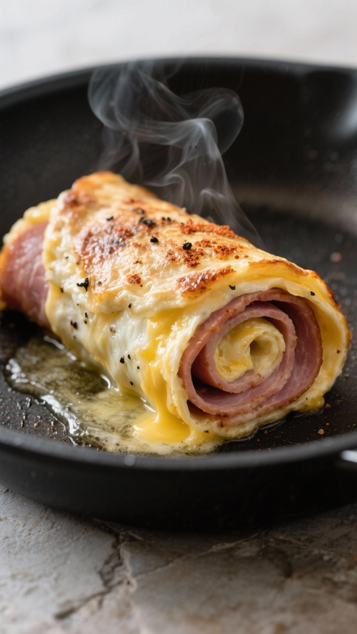 Cooking process, close-up detail: Seam-side-down keto ham and cheese breakfast roll-up in a nonstick