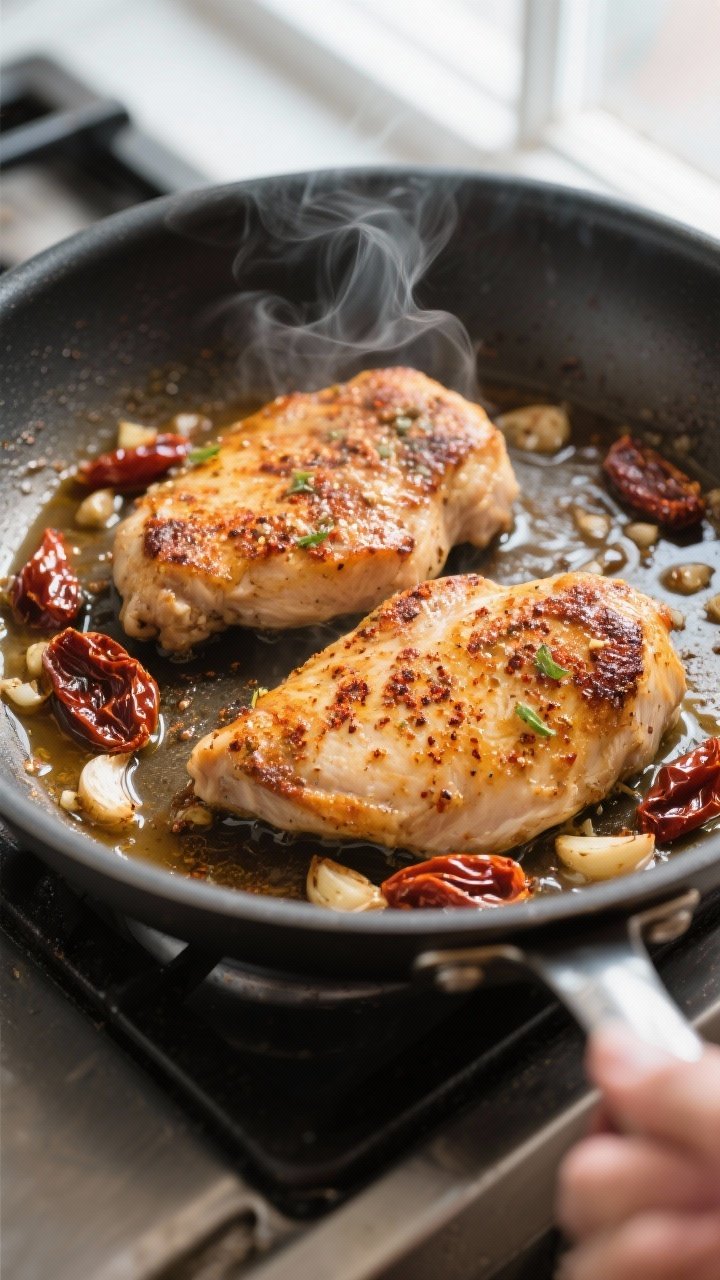 Cooking process, close-up detail: Searing Tuscan chicken cutlets in a large stainless skillet, golde