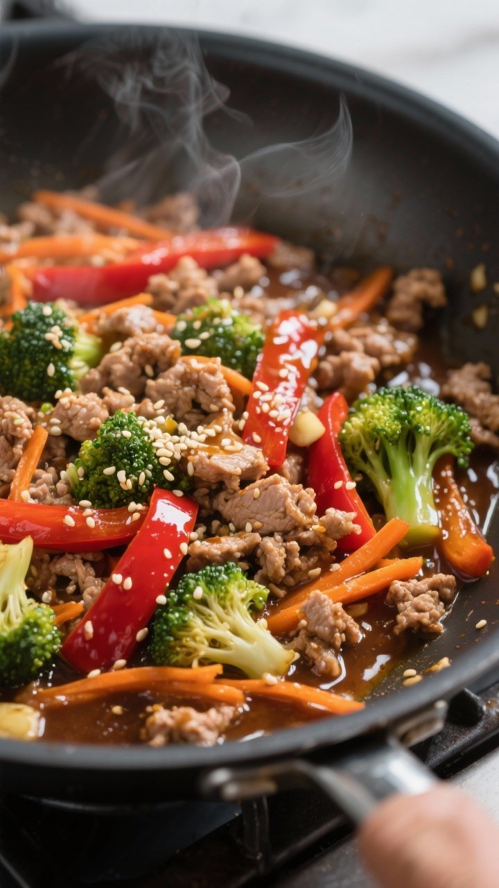 Cooking process, close-up detail: Sesame ginger turkey and veggies sizzling in a large nonstick skil