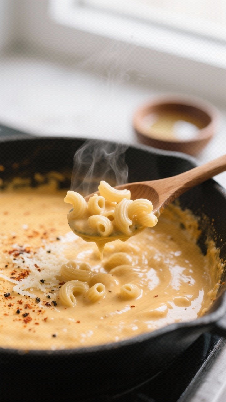 Cooking process, close-up detail: Silky, blended high-protein mac and cheese sauce being gently stir
