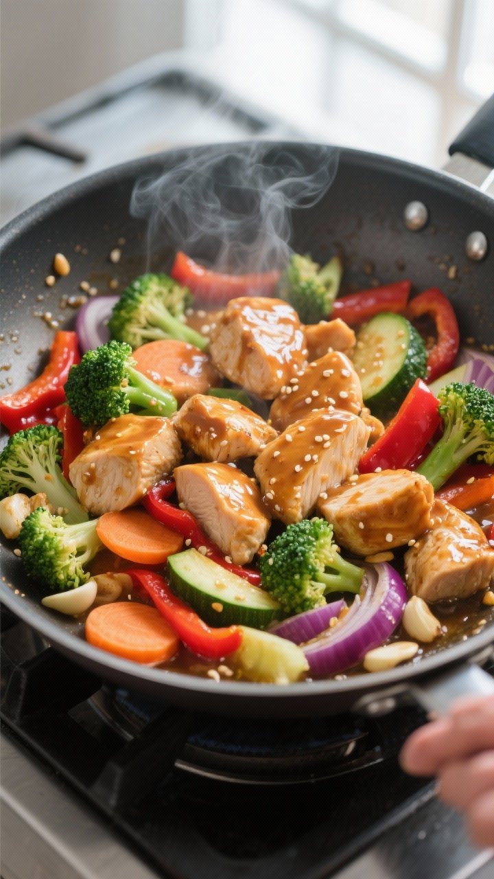 Cooking process, close-up detail: Sizzling bite-size chicken breast pieces being tossed with glossy 