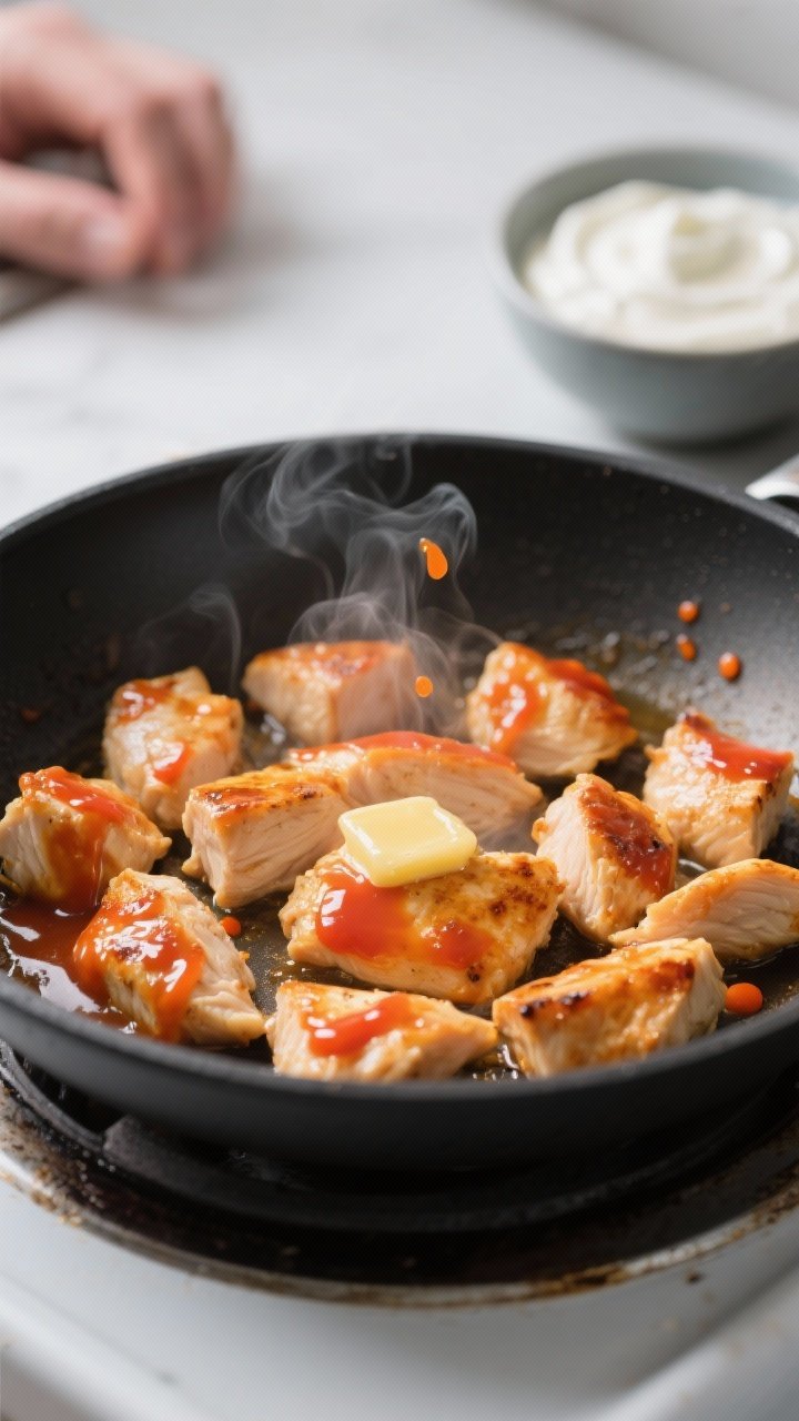 Cooking process, close-up detail: Sizzling bite-size chicken breast pieces in a nonstick skillet, ju