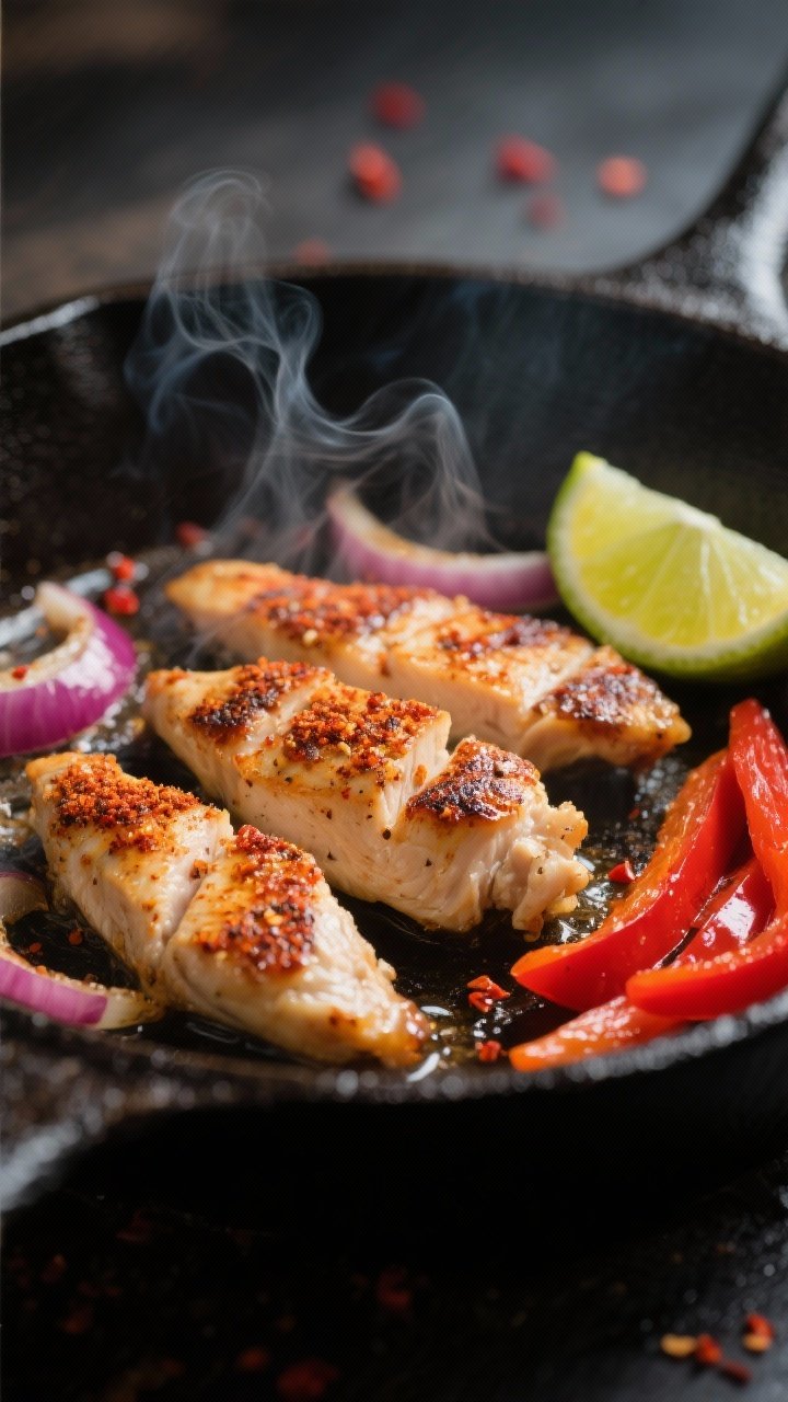 Cooking process, close-up detail: Sizzling lime-spiced chicken strips searing in a dark cast-iron sk
