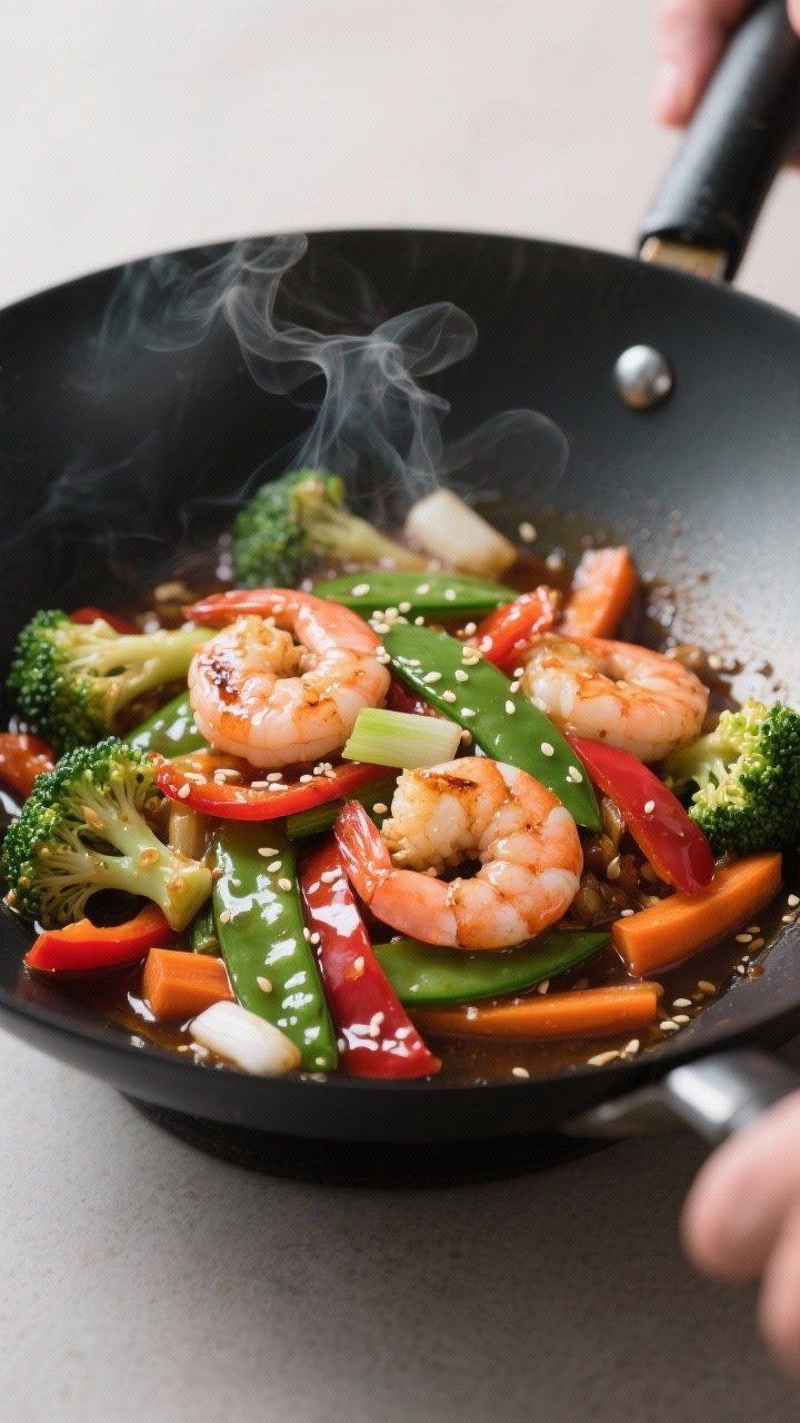 Cooking process, close-up detail: Sizzling shrimp stir fry in a black wok, shrimp just opaque and pi
