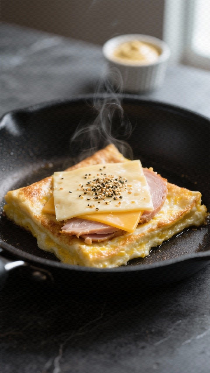 Cooking process, close-up detail: Soft folded egg square just set in a nonstick skillet, edges sligh