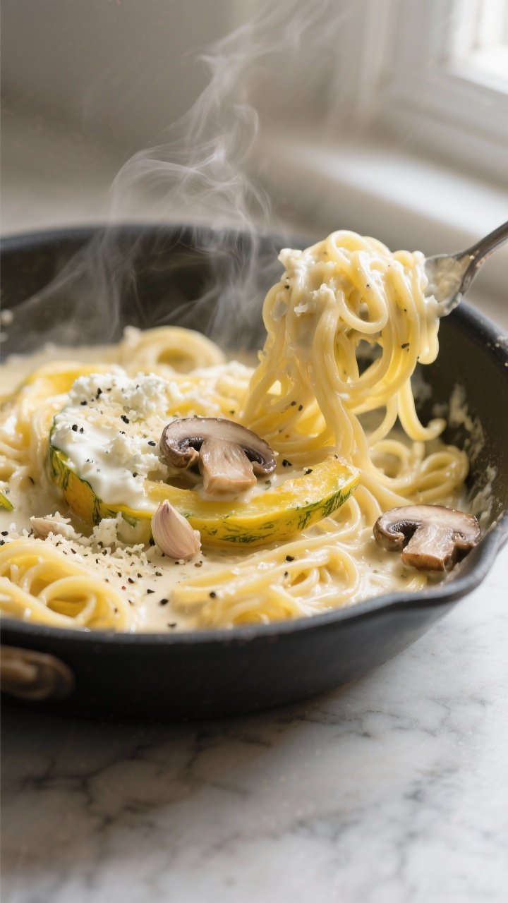 Cooking process, close-up detail: Spaghetti squash Alfredo strands being tossed gently in a sauté p