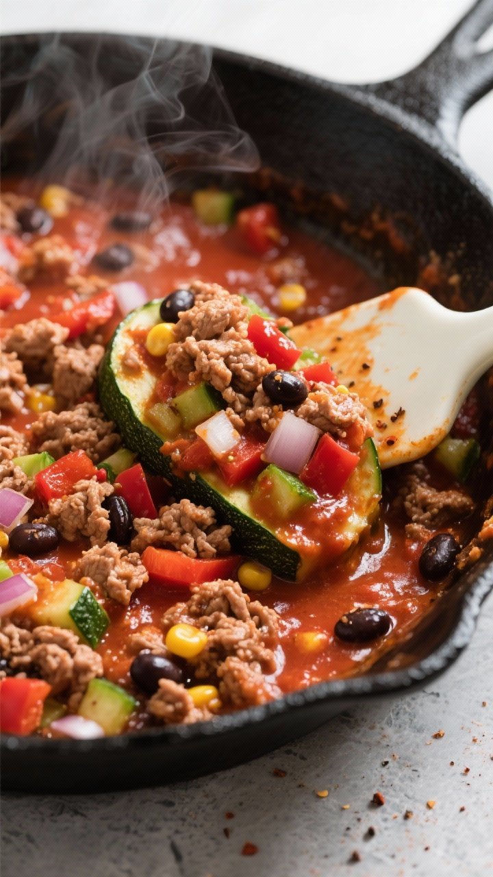 Cooking process, close-up detail — Taco-stuffed zucchini filling simmering in a skillet: browned l