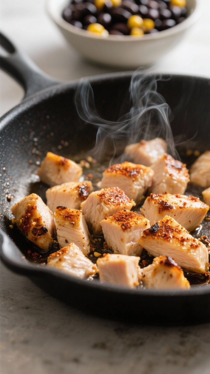 Cooking process close-up: Diced chicken breast sizzling in a nonstick skillet, lightly browned edges