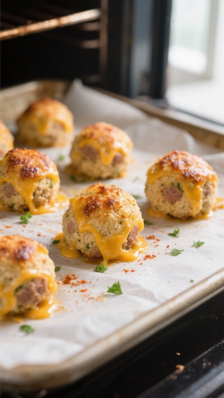 Cooking process close-up: Golden-browning keto sausage & cheese breakfast balls on a parchment-lined