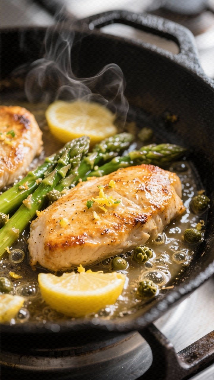 Cooking process close-up: Golden-seared chicken cutlets simmering in a glossy lemon-garlic pan sauce