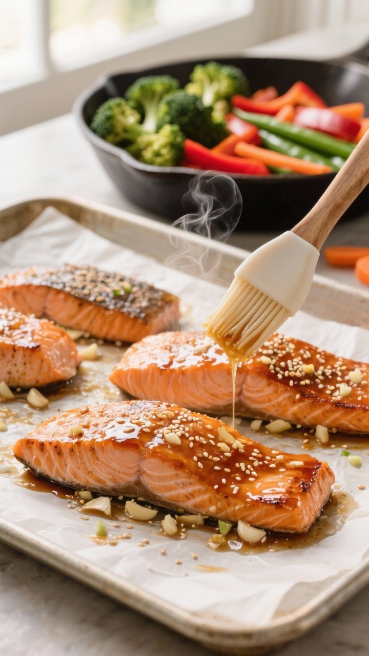 Cooking process close-up: Honey garlic–glazed salmon fillets just out of the oven on a parchment-l