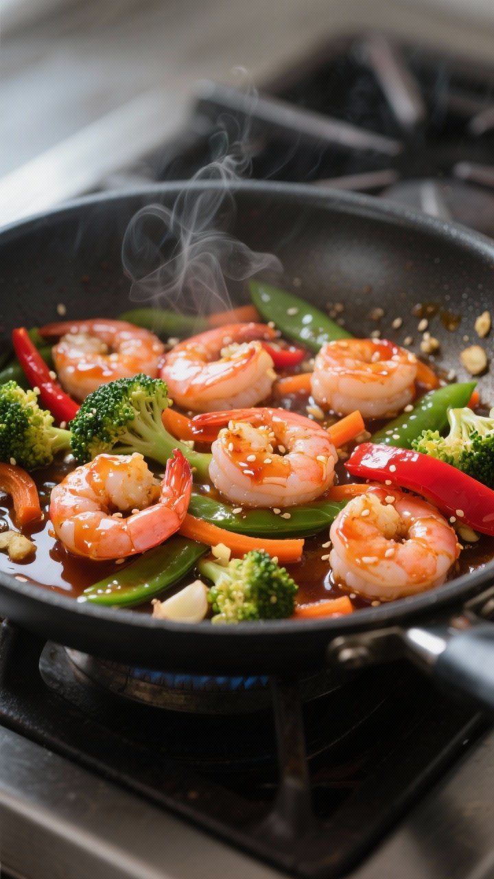 Cooking process close-up: Honey-sriracha glazed shrimp sizzling in a nonstick skillet, sauce visibly
