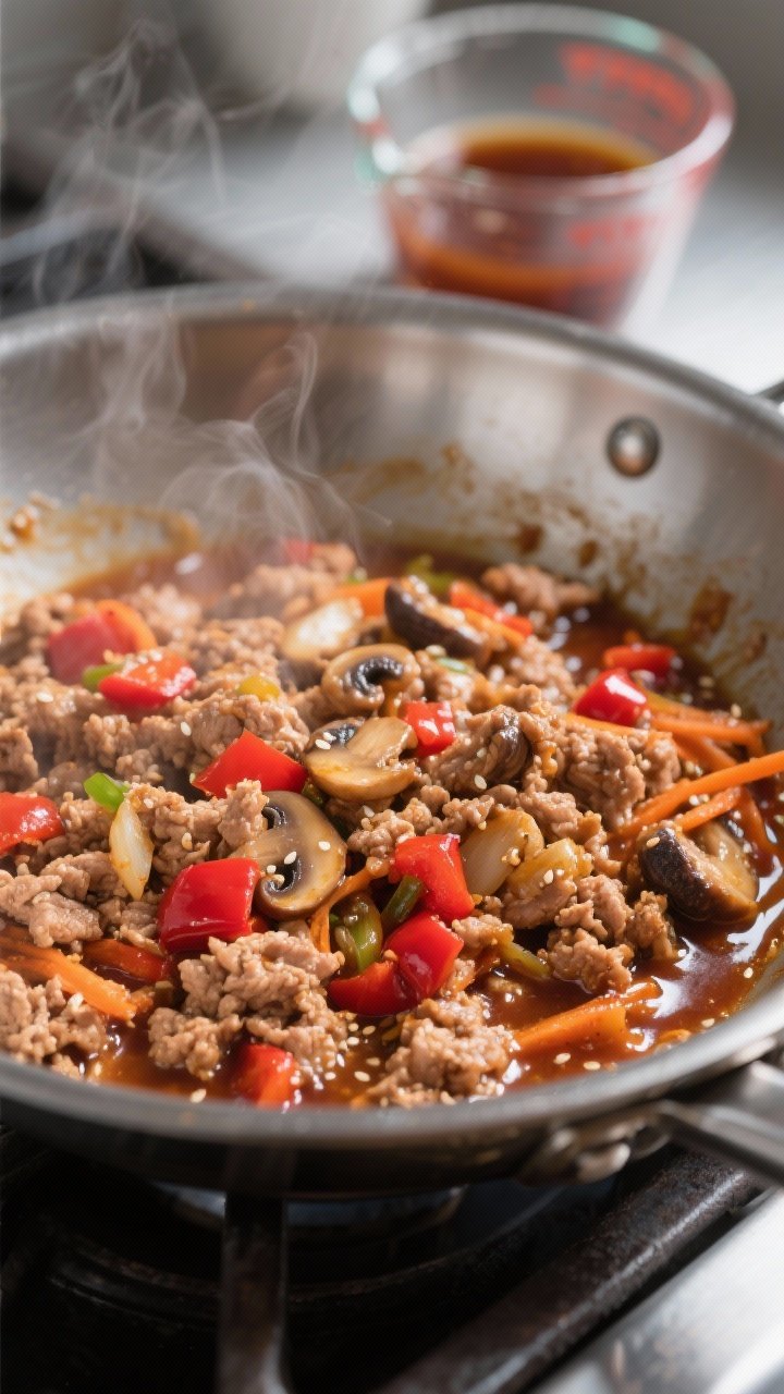 Cooking process close-up: In a stainless-steel skillet, the browned, crumbled lean ground turkey sim