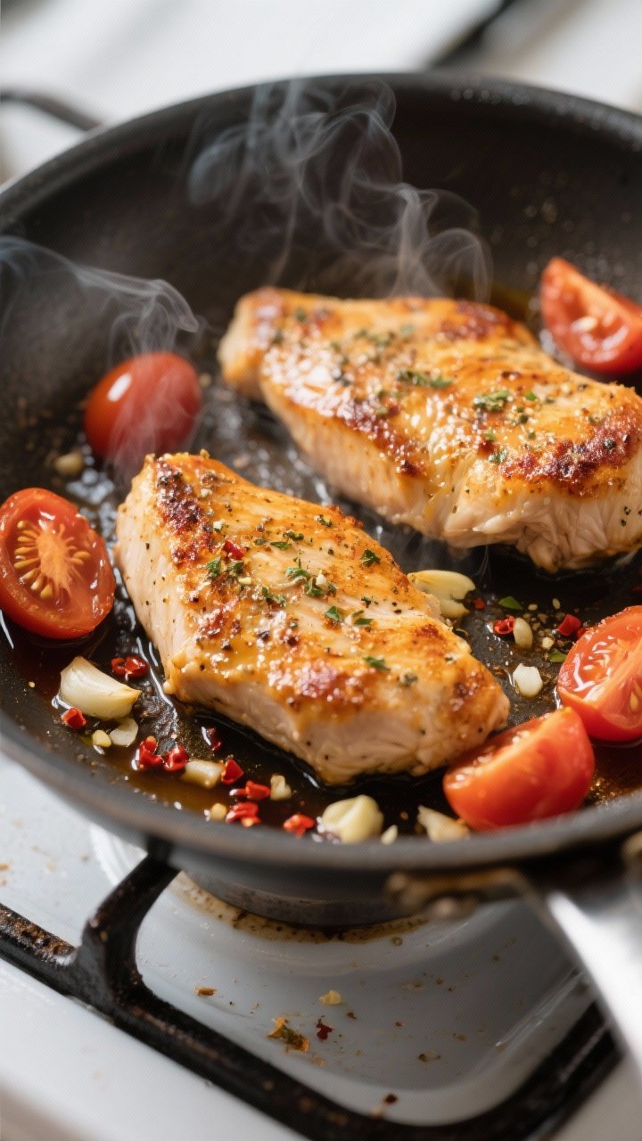 Cooking process, close-up: Juicy chicken cutlets searing in a stainless skillet, golden-brown crust 