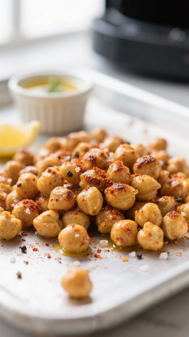 Cooking process close-up: Lightly roasted chickpeas just out of the air fryer, tossed with smoked pa