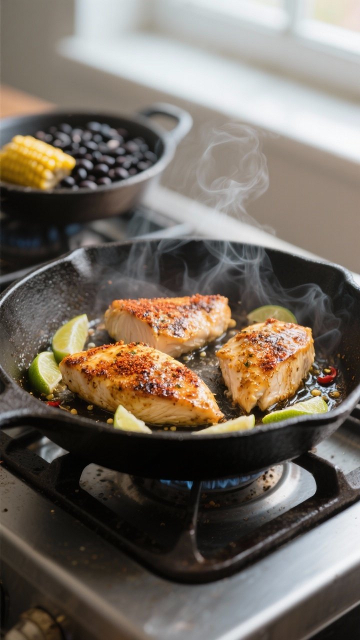 Cooking process close-up: Marinated chicken breast pieces sizzling in a hot cast-iron skillet, golde