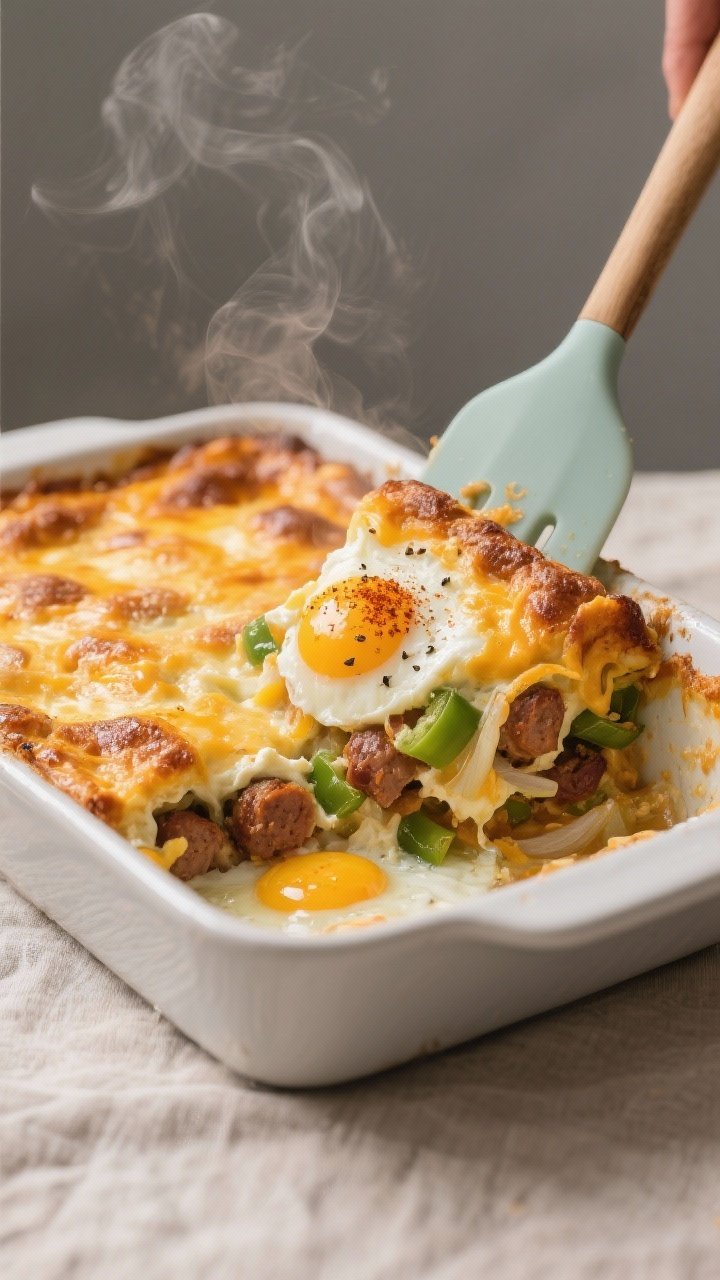 Cooking process: Close-up of a baked breakfast casserole just pulled from the oven, showing a golden