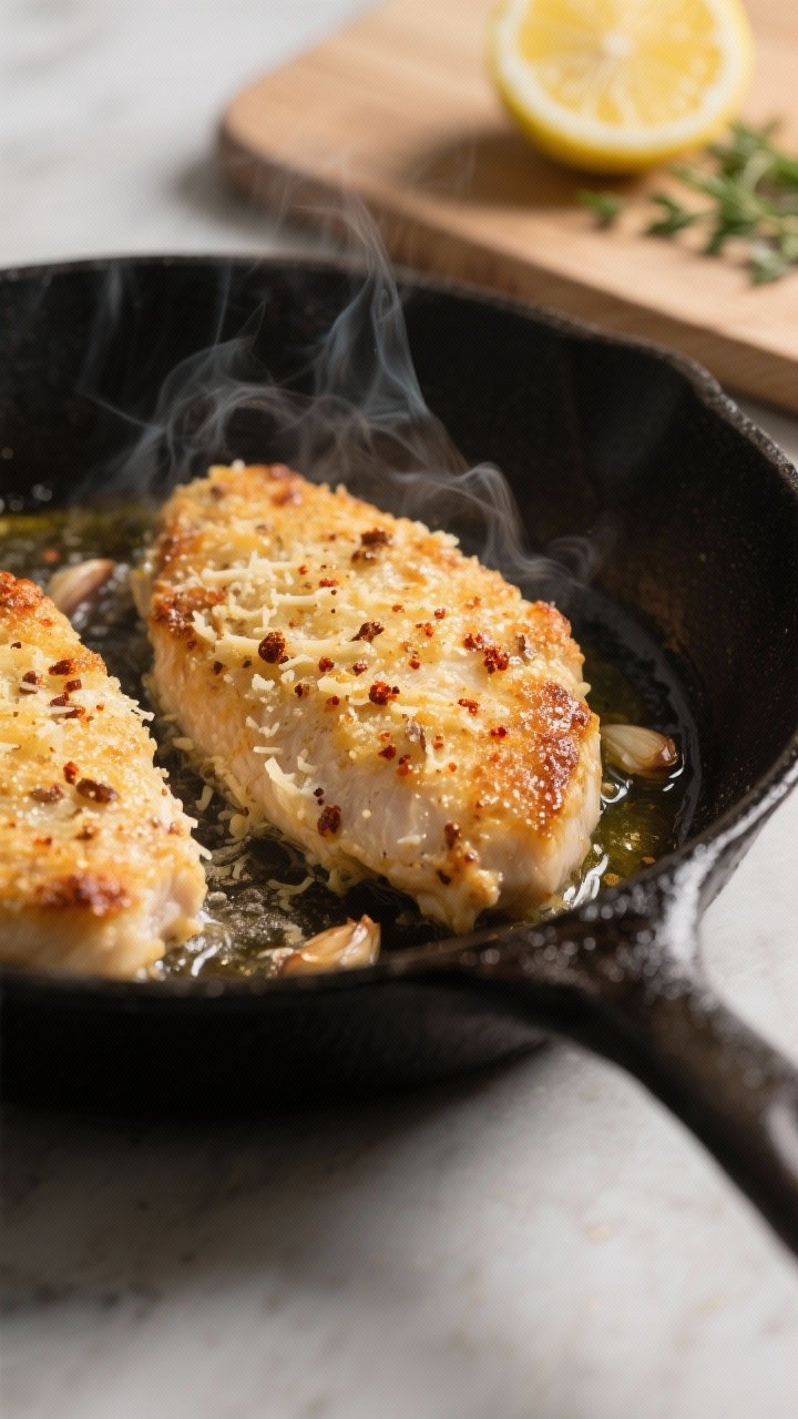 Cooking process close-up: Pan-seared garlic parmesan chicken cutlets sizzling in a cast-iron skillet