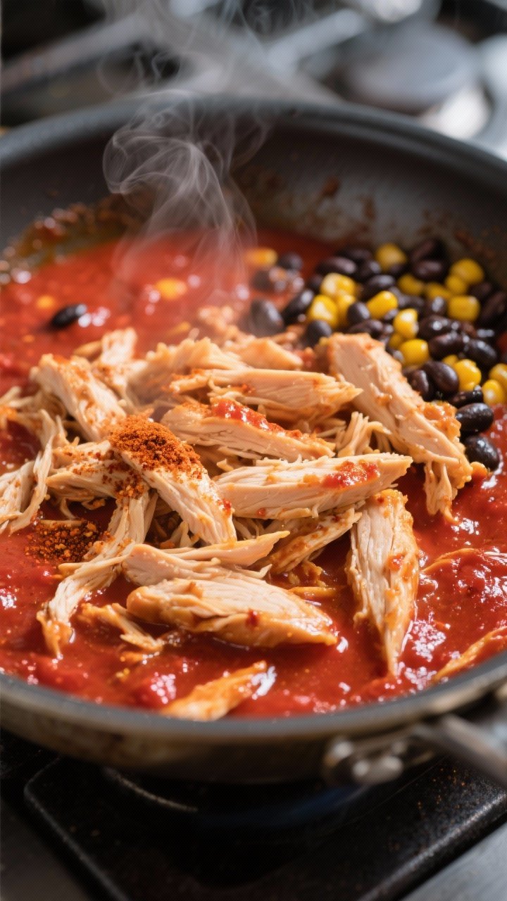 Cooking process close-up: Saucy shredded chicken for enchilada bowls simmering in a wide stainless s
