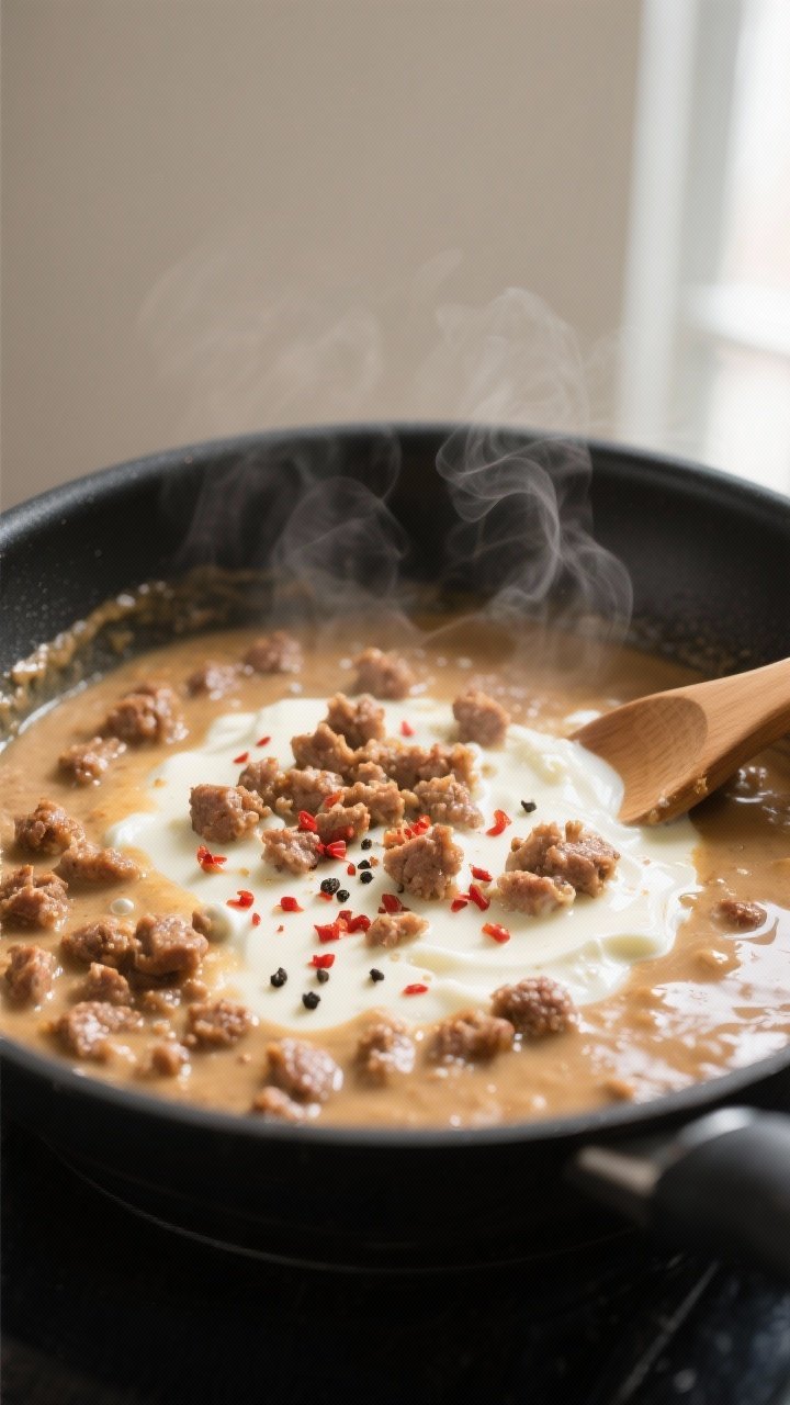 Cooking process close-up: Sausage gravy thickening in a wide black skillet over medium heat, browned