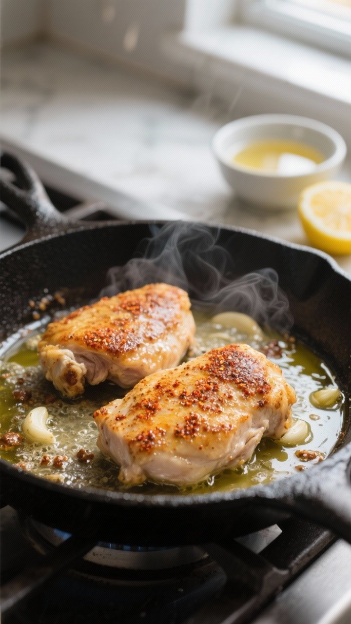 Cooking process close-up: Searing boneless, skinless chicken thighs in a black cast-iron skillet, go