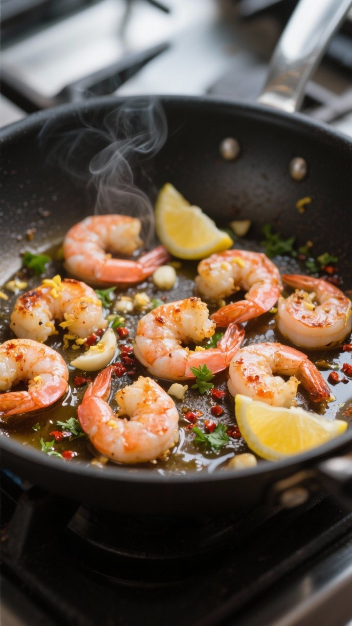 Cooking process close-up: Searing garlic-lemon shrimp in a hot skillet, shrimp just turned pink and 