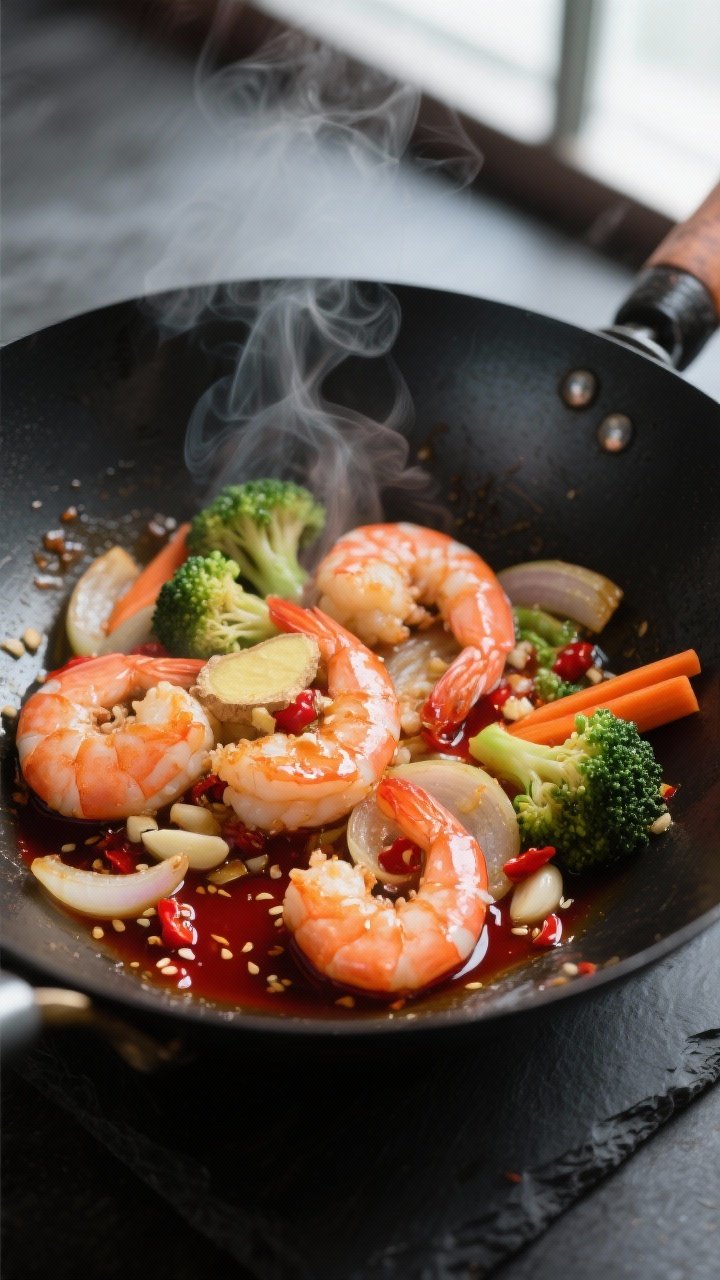 Cooking process, close-up: Searing spicy shrimp and sautéed aromatics in a wok, shrimp just turned 