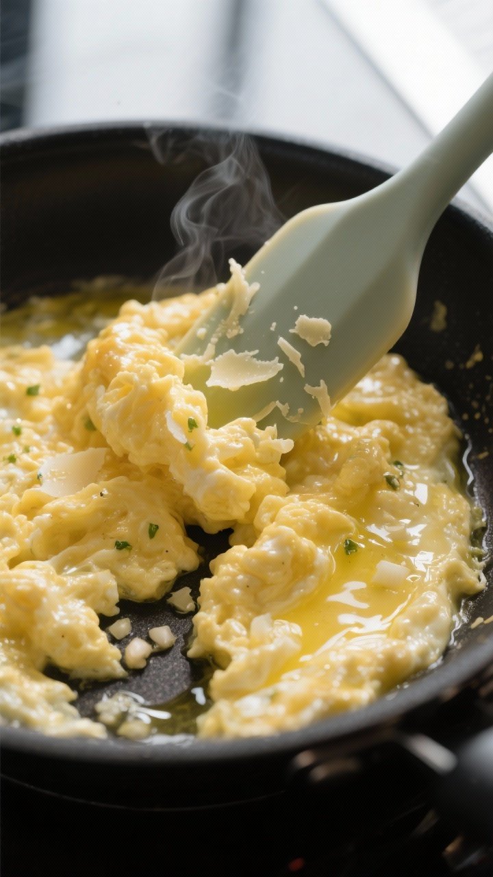 Cooking process close-up: Silky scrambled eggs gently setting in a black nonstick skillet over low h