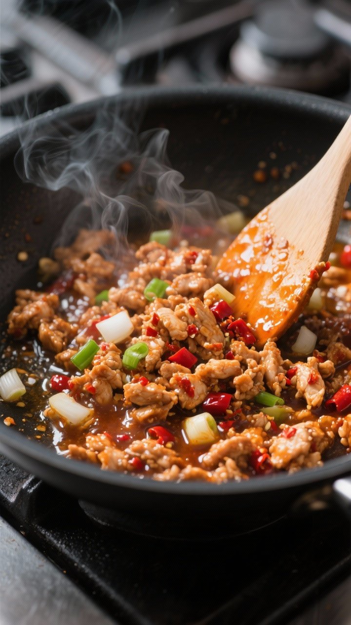 Cooking process close-up: Sizzling firecracker ground chicken in a black nonstick skillet mid-simmer
