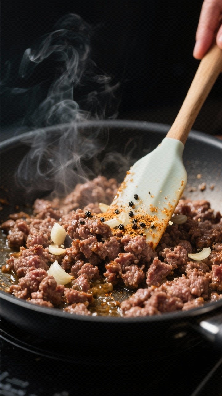 Cooking process close-up: Sizzling lean ground beef browning in a nonstick skillet, steam rising, vi