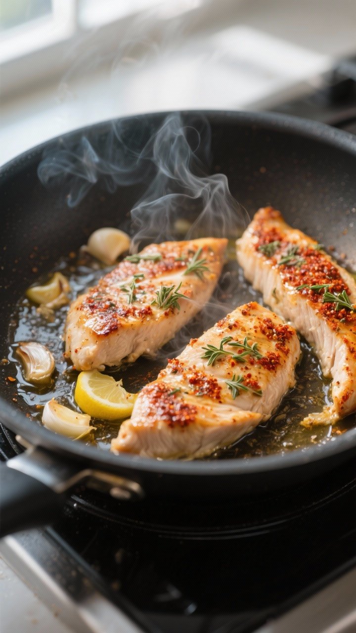Cooking process close-up: Sizzling Mediterranean chicken strips in a nonstick skillet, lightly brown