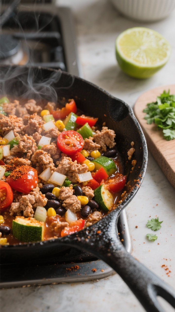 Cooking process, close-up: Sizzling turkey taco skillet mid-simmer in a black cast-iron pan, close-u