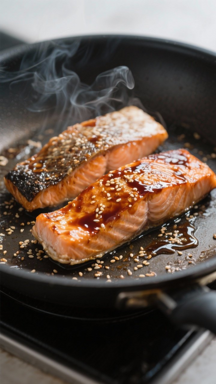 Cooking process close-up: Skin-on teriyaki-glazed salmon fillets searing in a nonstick skillet, skin