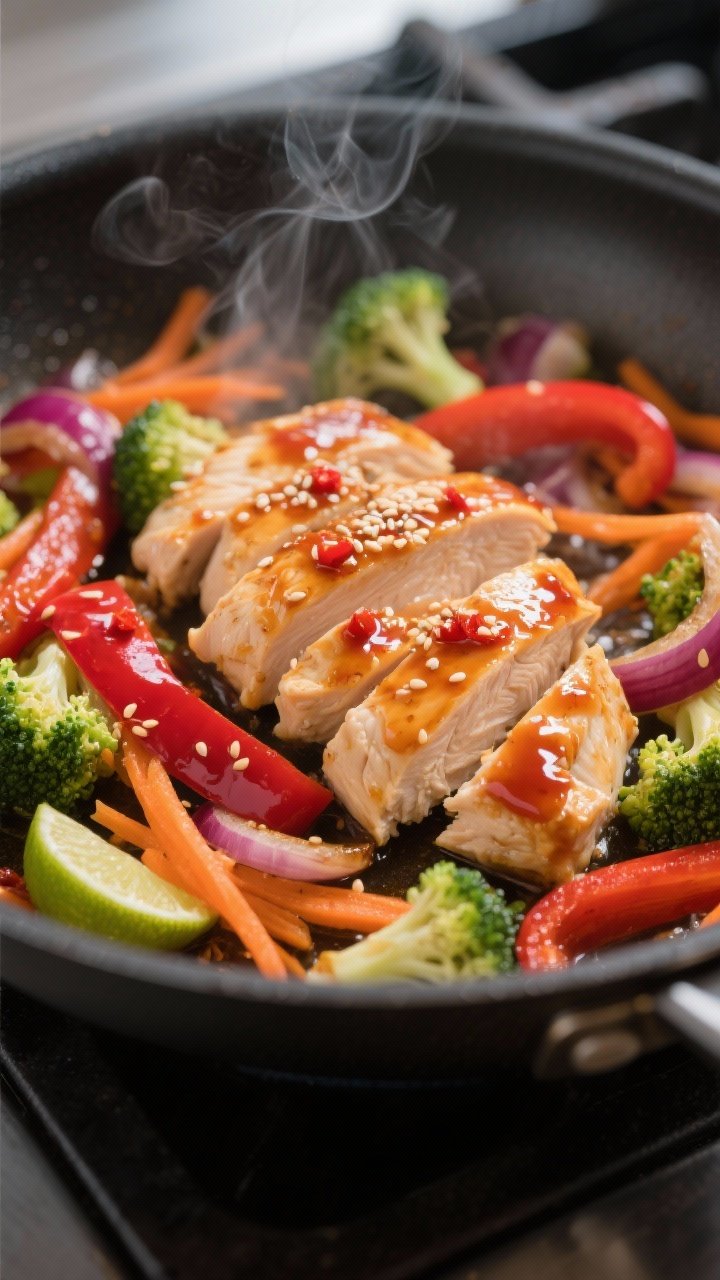 Cooking process close-up: Sliced chicken breast and sautéed vegetables sizzling together in a large