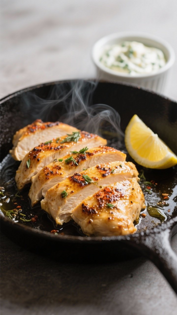 Cooking process close-up: Sliced, golden-brown marinated chicken breasts sizzling on a hot cast-iron