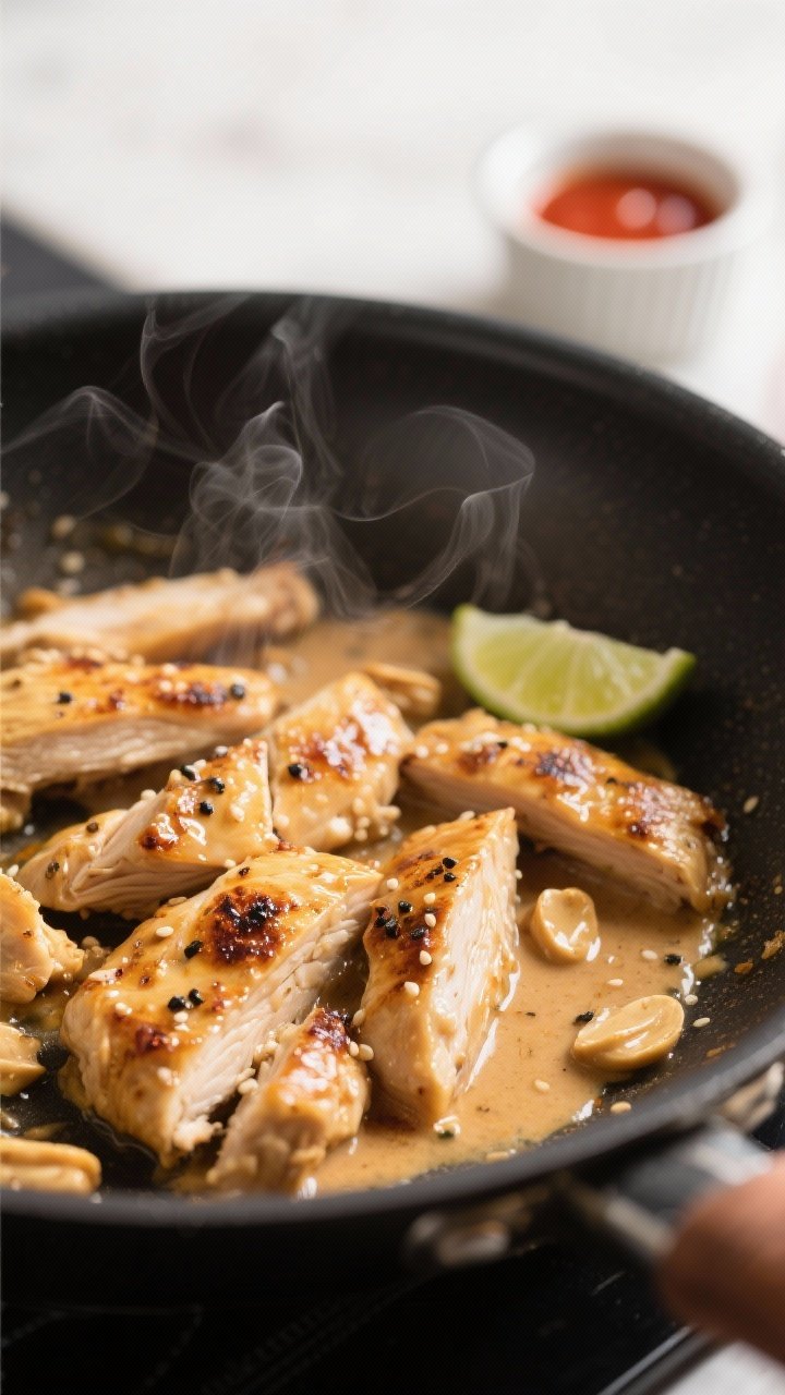 Cooking process close-up: Sliced, just-rested Thai peanut chicken being tossed in a hot nonstick ski