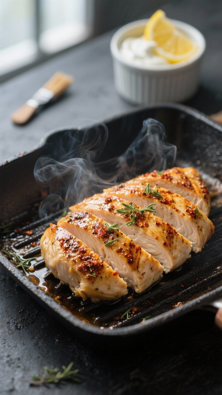 Cooking process close-up: Sliced Mediterranean-spiced chicken breast searing in a grill pan, golden