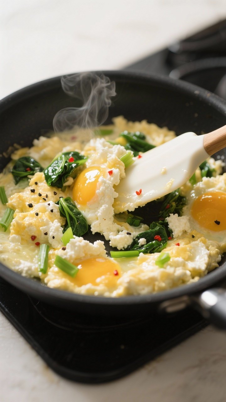 Cooking process close-up: Soft, creamy cottage cheese scramble setting in a nonstick skillet over me