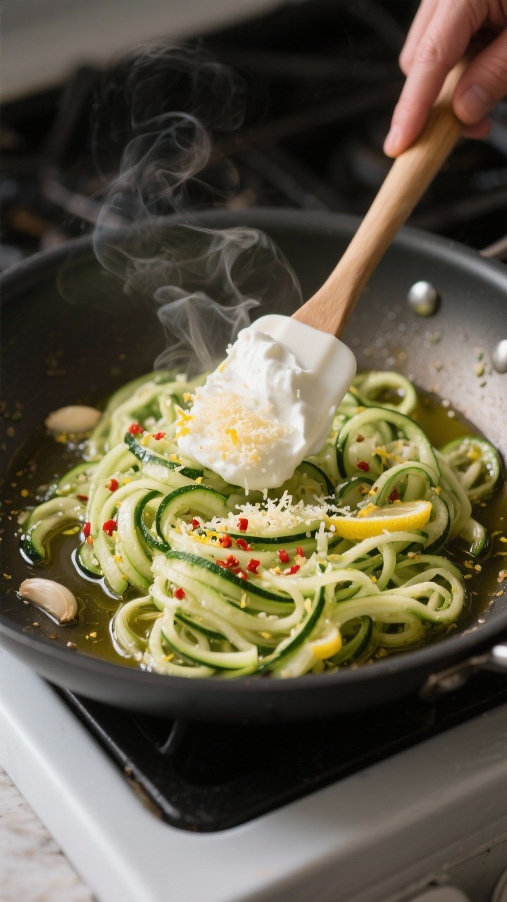 Cooking process close-up: Zucchini zoodles just-tender in a large nonstick skillet, glistening in ga